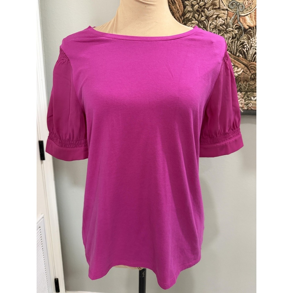 Talbots Shirt Womens Small Pink Puff Sleeve Crew Neck Jersey Knit Top Casual